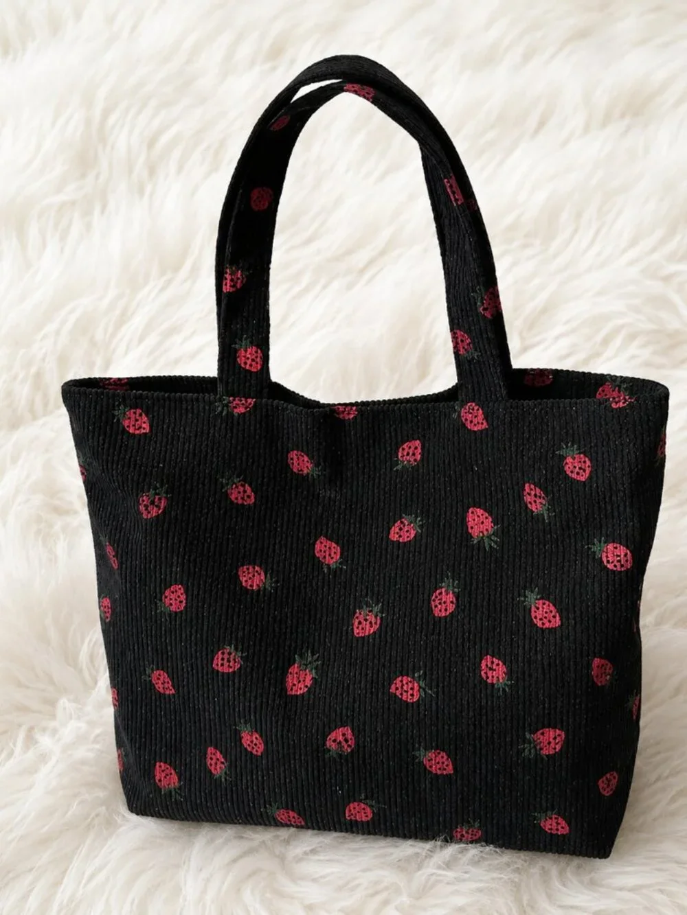 Black Strawberry Mini Corduroy Tote Bag – Cute Small Everyday Handbag